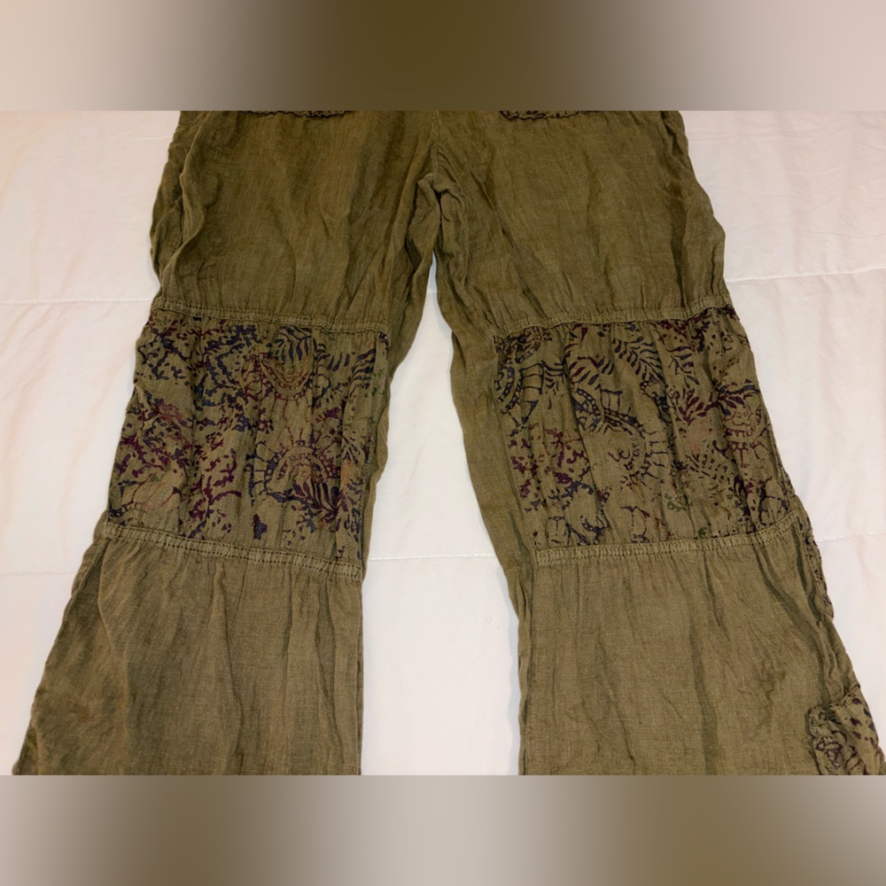 Free People Issa Cargo Pants Linen in Olive Green Bohemian Pattern - Size US 12 - Picture 3 of 16